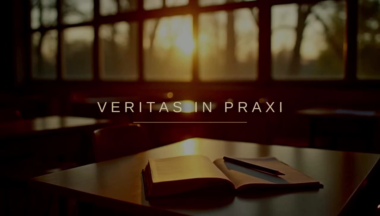 An empty classroom at sunset, an open book and a pencil on the desk, with VERITAS IN PRAXI set across the frame