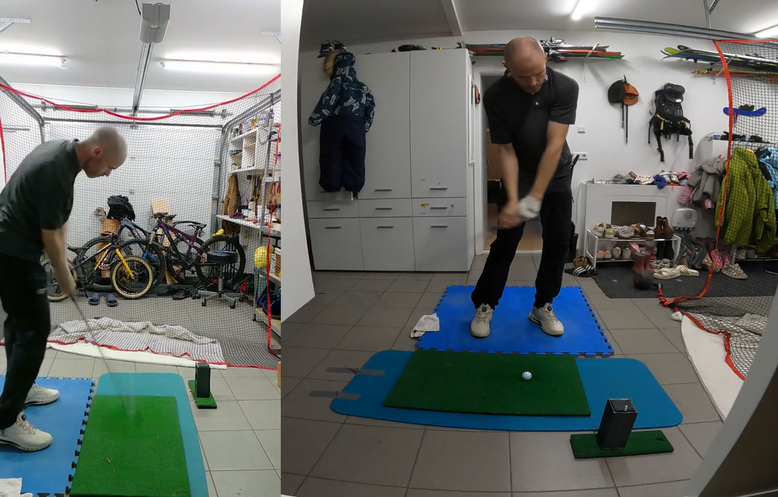 My principal in the garage at the moment of his fastest nine-iron of the day, 37 metres a second, seen from two cameras at once. Left, from down the target line, the club arriving at the ball on a green mat. Right, from the front, a wide-angle view of the whole garage with his hands just reaching the ball.