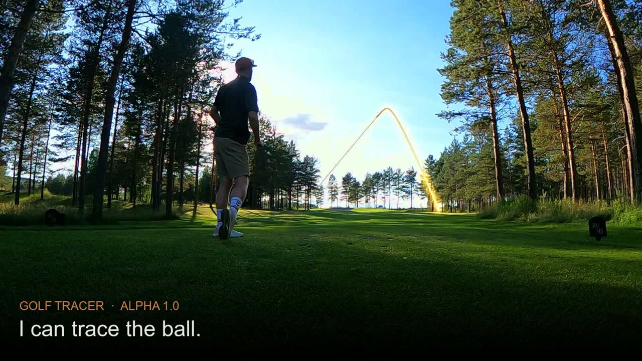 A golf drive traced with a glowing arc, sailing right into the trees