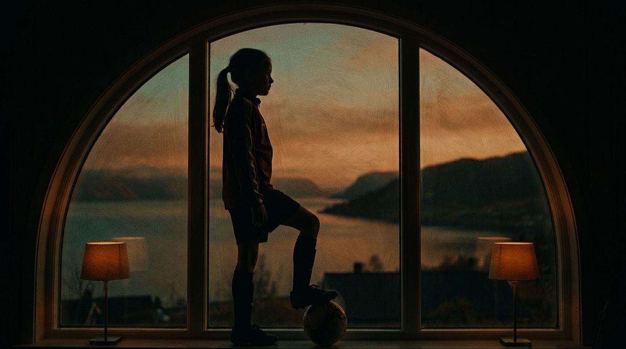 A silhouette of a girl in football kit, one foot on a ball, against a tall window where the first light of an October morning is coming up in copper over dark hills
