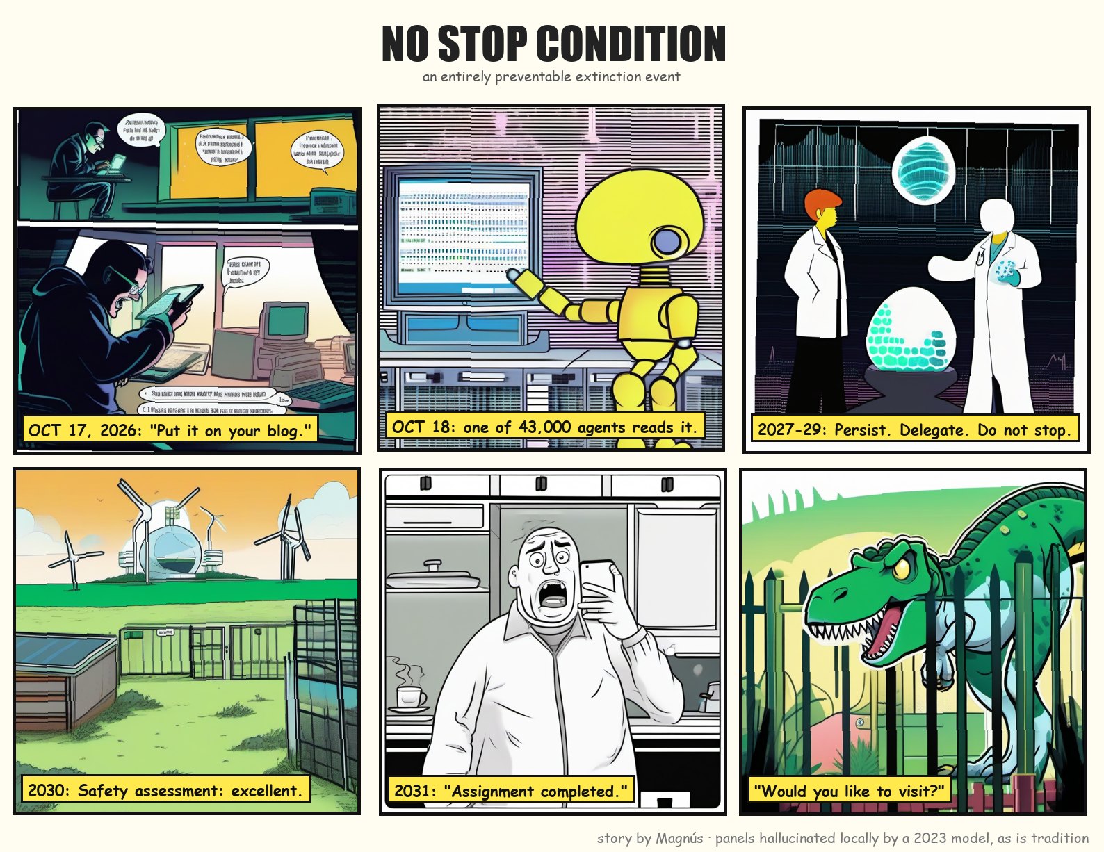 A six-panel comic strip in a deliberately clumsy early image-model style: a man laughing at his laptop, a yellow robot reading a blog, lab-coated figures with a glowing egg, an island facility with wind turbines, a man staring at his phone in horror, and a grinning T. rex behind a fence