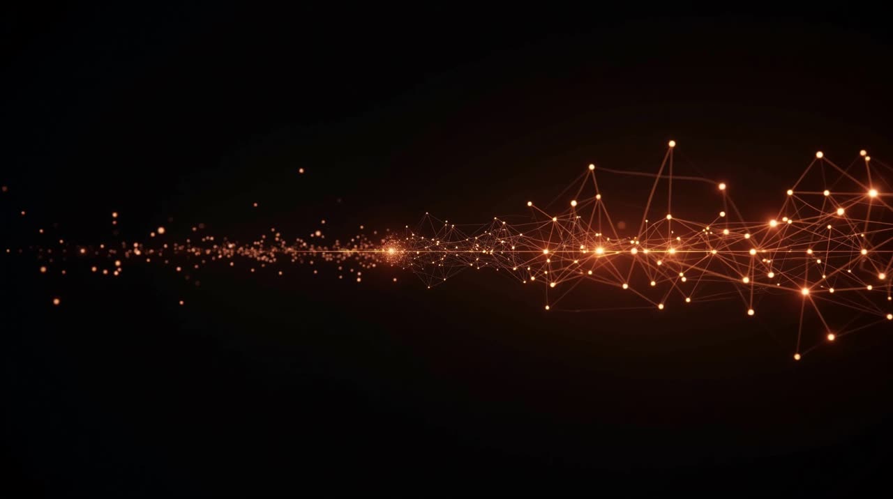 A scatter of loose glowing copper particles on the left resolving into a connected lattice of nodes and threads on the right, dark background